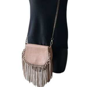 Antik Kraft Tan Vegan Leather Fringe Tassel Boho Tote Crossbody Bag Chain Detail